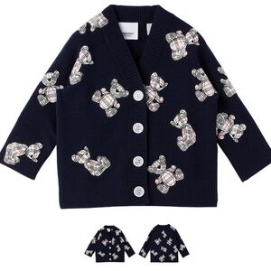 Burberry Navy Cardigan with Check Bear Appliqués